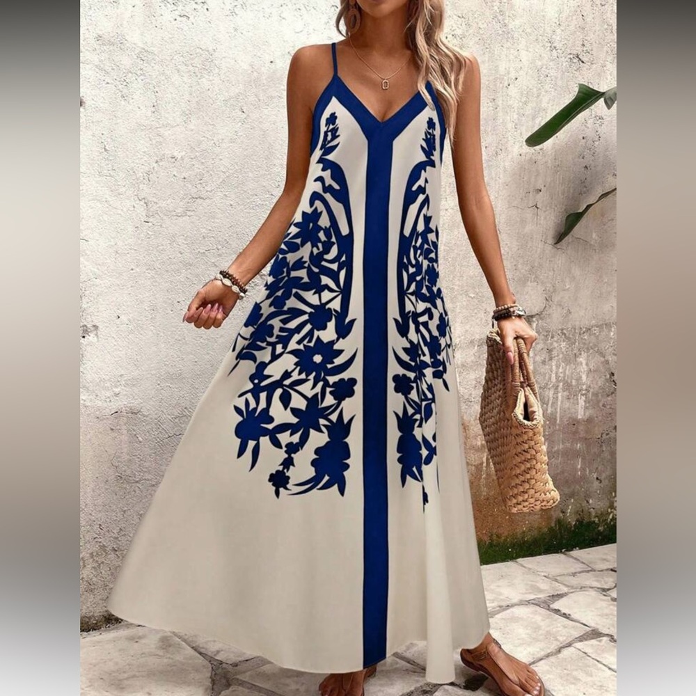 Blue and White Floral Print Maxi Dress - Picture 3 of 7